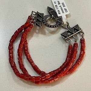 Elegant Red Branch Coral Beaded Bracelet Sterling Silver 925 toggle clasp 7”